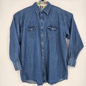 Vintage Drysdales Pearl Snap Shirt Mens 2XLT Western‎ Blue Denim Rancher Tall
